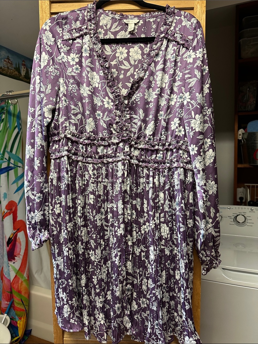 Cato Purple and White Floral Ruffled V-Neck Dress